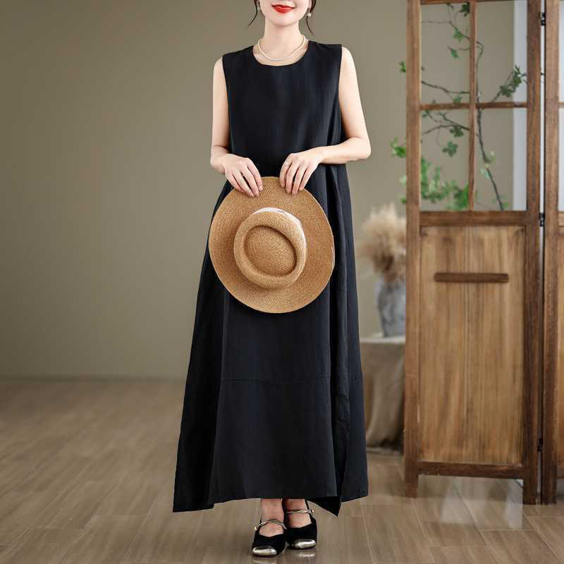 Buddha Stones Spring Plain Irregular Sleeveless Cotton Linen Midi Dress With Pockets