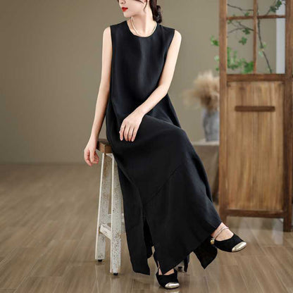 Buddha Stones Spring Plain Irregular Sleeveless Cotton Linen Midi Dress With Pockets