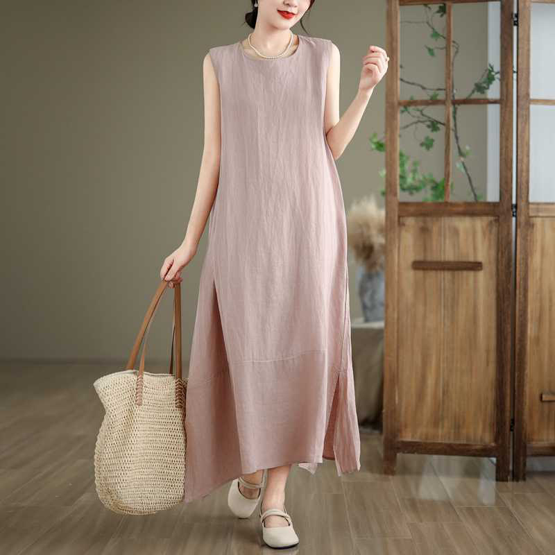 Buddha Stones Spring Plain Irregular Sleeveless Cotton Linen Midi Dress With Pockets