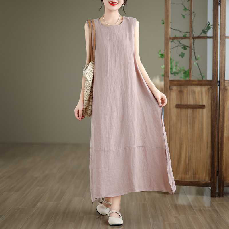 Buddha Stones Spring Plain Irregular Sleeveless Cotton Linen Midi Dress With Pockets