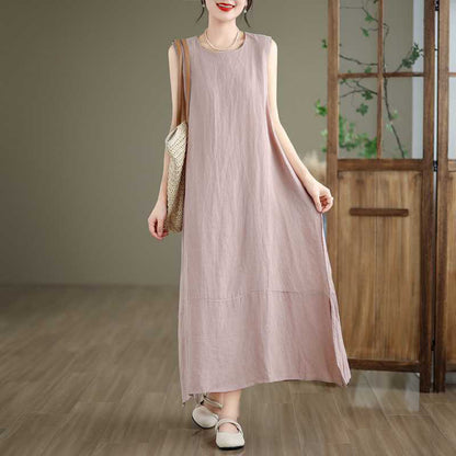 Buddha Stones Spring Plain Irregular Sleeveless Cotton Linen Midi Dress With Pockets
