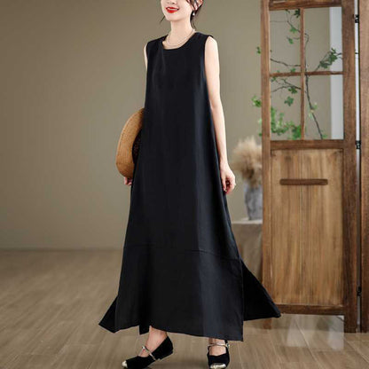 Buddha Stones Spring Plain Irregular Sleeveless Cotton Linen Midi Dress With Pockets