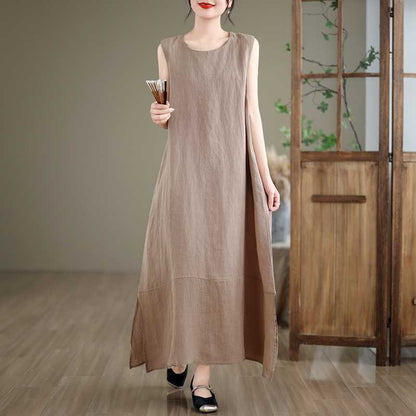 Buddha Stones Spring Plain Irregular Sleeveless Cotton Linen Midi Dress With Pockets