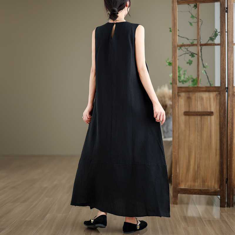 Buddha Stones Spring Plain Irregular Sleeveless Cotton Linen Midi Dress With Pockets