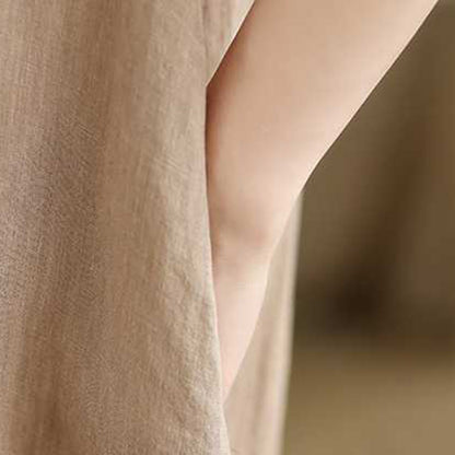 Buddha Stones Spring Plain Irregular Sleeveless Cotton Linen Midi Dress With Pockets