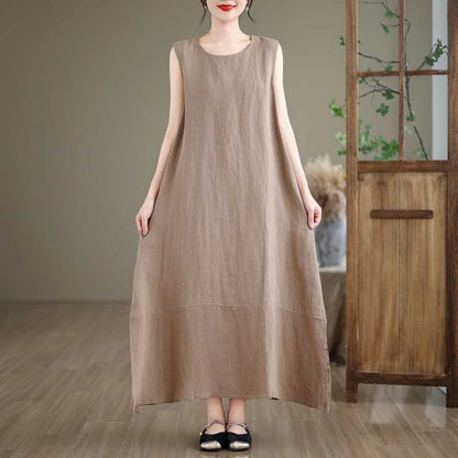 Buddha Stones Spring Plain Irregular Sleeveless Cotton Linen Midi Dress With Pockets