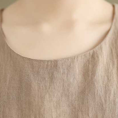Buddha Stones Spring Plain Irregular Sleeveless Cotton Linen Midi Dress With Pockets