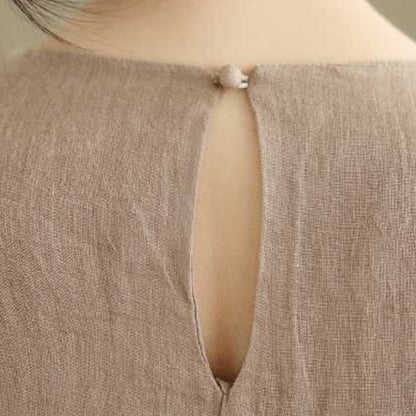 Buddha Stones Spring Plain Irregular Sleeveless Cotton Linen Midi Dress With Pockets