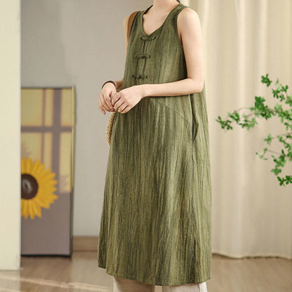 Buddha Stones Tie Dye Chinese Frog-Button Ramie Linen Sleeveless Midi Dress With Pockets
