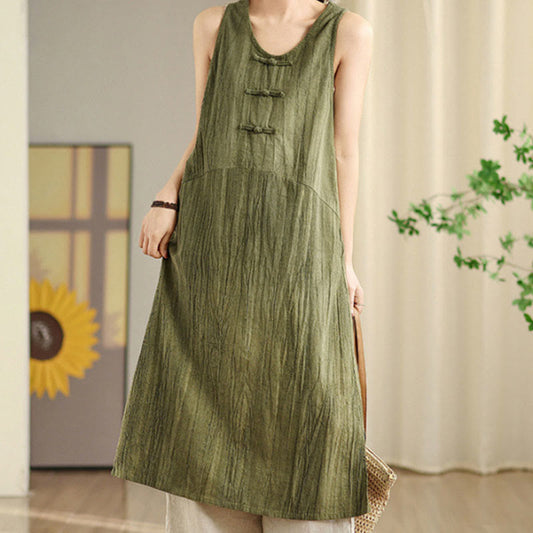Buddha Stones Tie Dye Chinese Frog-Button Ramie Linen Sleeveless Midi Dress With Pockets