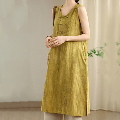 Buddha Stones Tie Dye Chinese Frog-Button Ramie Linen Sleeveless Midi Dress With Pockets