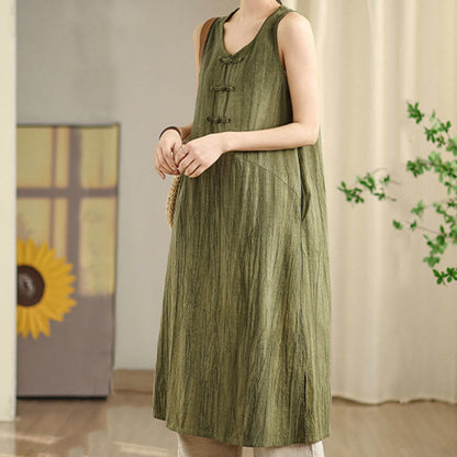 Buddha Stones Tie Dye Chinese Frog-Button Ramie Linen Sleeveless Midi Dress With Pockets