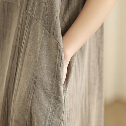 Buddha Stones Tie Dye Chinese Frog-Button Ramie Linen Sleeveless Midi Dress With Pockets