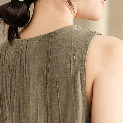 Buddha Stones Tie Dye Chinese Frog-Button Ramie Linen Sleeveless Midi Dress With Pockets