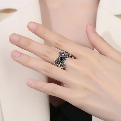 Buddha Stones Black Onyx Copper Mongolian Pattern Adjustable Fortune Ring
