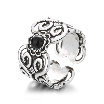 Buddha Stones Black Onyx Copper Mongolian Pattern Adjustable Fortune Ring