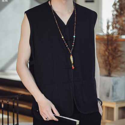 Buddha Stones Casual Chinese Frog-Button Men's Cotton Vest Waistcoat With Pockets