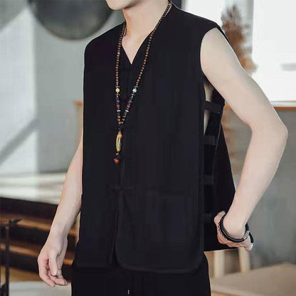 Buddha Stones Casual Chinese Frog-Button Men's Cotton Vest Waistcoat With Pockets