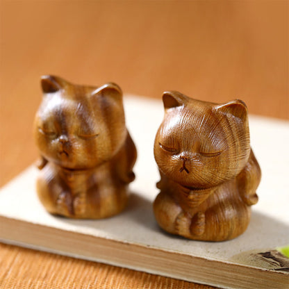 Buddha Stones Small Mini Green Sandalwood Lucky Cat Carved Soothing Decorations