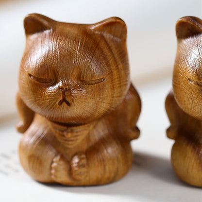 Buddha Stones Small Mini Green Sandalwood Lucky Cat Carved Soothing Decorations