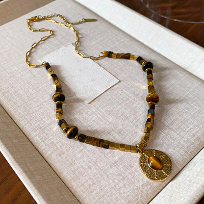 Buddha Stones Natural Tiger Eye Square Protection Titanium Steel Necklace Pendant