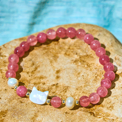 Buddha Stones Strawberry Quartz Pearl Cat Rabbit Healing Bracelet