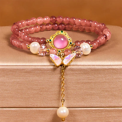 Buddha Stones Natural Strawberry Quartz Pearl Butterfly Water Drop Positive Double Wrap Bracelet