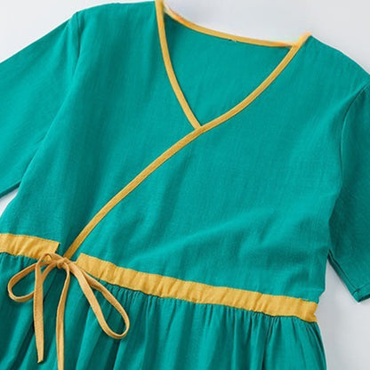 Buddha Stones Summer Casual Stitching Color Lace-up Design V-Neck Short Sleeve Midi Dress