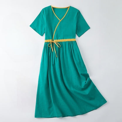 Buddha Stones Summer Casual Stitching Color Lace-up Design V-Neck Short Sleeve Midi Dress