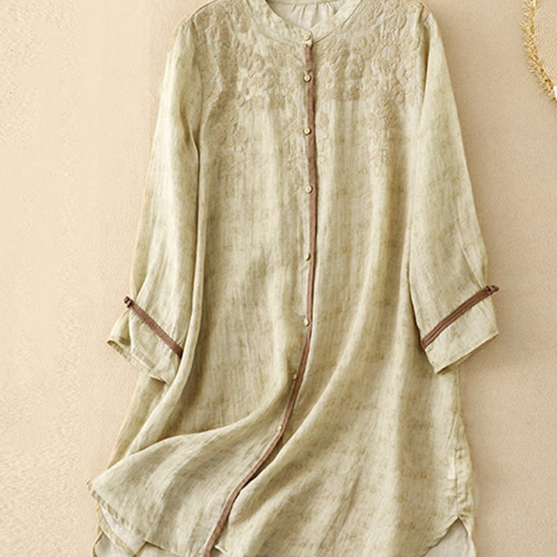 Buddha Stones Summer Casual Embroidered Stand Collar Design Three Quarter Sleeve Acrylic Midi Dress