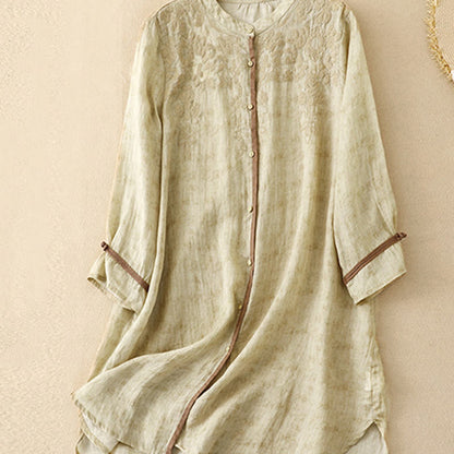 Buddha Stones Summer Casual Embroidered Stand Collar Design Three Quarter Sleeve Acrylic Midi Dress