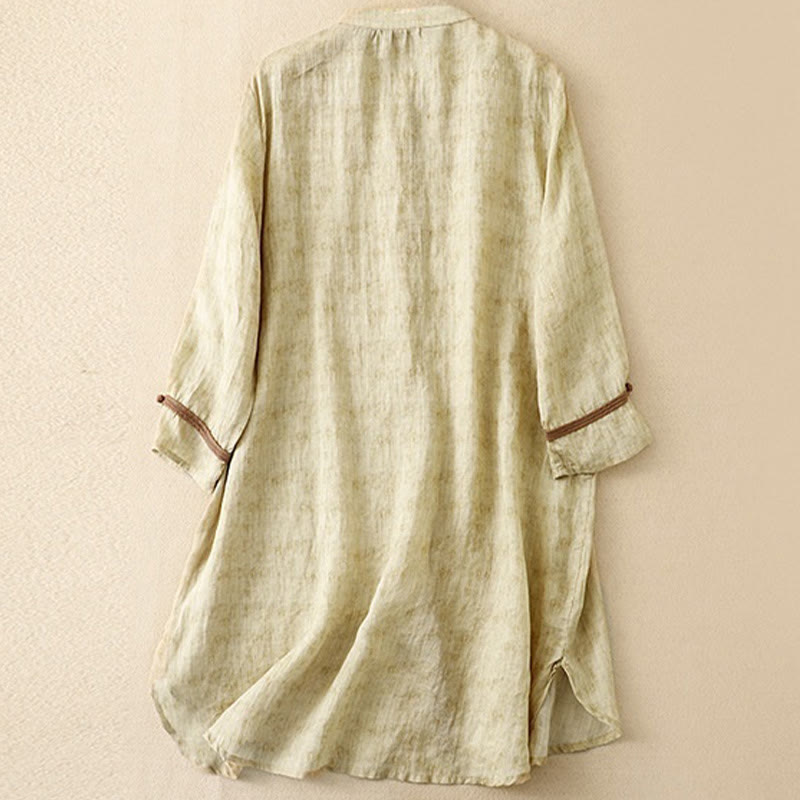Buddha Stones Summer Casual Embroidered Stand Collar Design Three Quarter Sleeve Acrylic Midi Dress