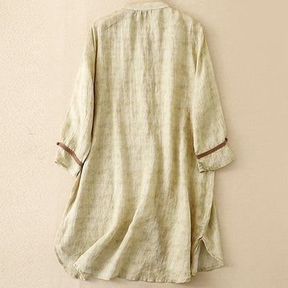 Buddha Stones Summer Casual Embroidered Stand Collar Design Three Quarter Sleeve Acrylic Midi Dress