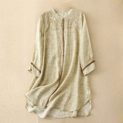 Buddha Stones Summer Casual Embroidered Stand Collar Design Three Quarter Sleeve Acrylic Midi Dress