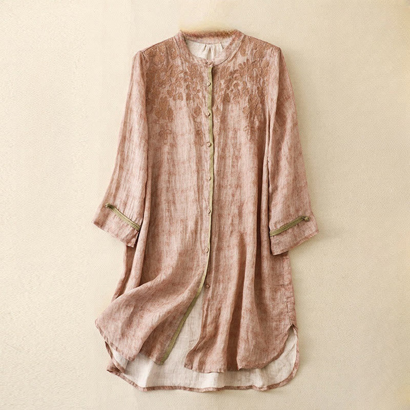 Buddha Stones Summer Casual Embroidered Stand Collar Design Three Quarter Sleeve Acrylic Midi Dress