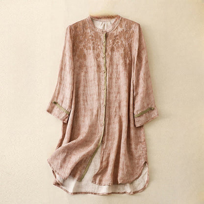 Buddha Stones Summer Casual Embroidered Stand Collar Design Three Quarter Sleeve Acrylic Midi Dress
