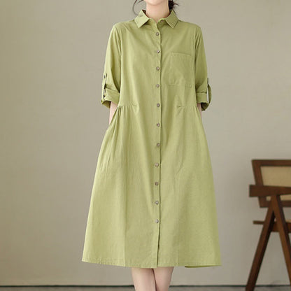 Buddha Stones Summer Casual Plain Buttons Stand Collar Design Three Quarter Sleeve Acrylic Cardigan Midi Dress With Pockets