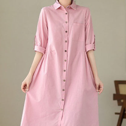 Buddha Stones Summer Casual Plain Buttons Stand Collar Design Three Quarter Sleeve Acrylic Cardigan Midi Dress With Pockets
