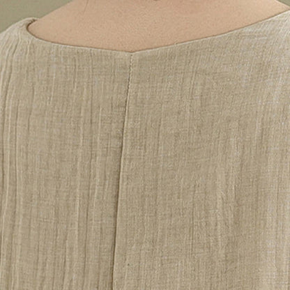 Buddha Stones Summer Casual Plain Design Crew Neck Short Sleeve Cotton Linen Blended Double Layer Midi Dress