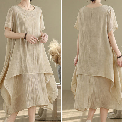 Buddha Stones Summer Casual Plain Design Crew Neck Short Sleeve Cotton Linen Blended Double Layer Midi Dress