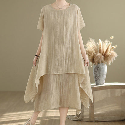 Buddha Stones Summer Casual Plain Design Crew Neck Short Sleeve Cotton Linen Blended Double Layer Midi Dress