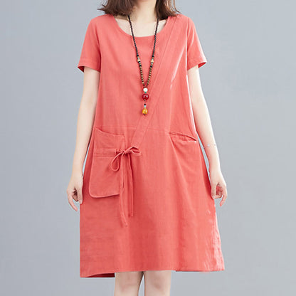 Buddha Stones Summer Casual Plain Lace-Up Design Crew Neck Short Sleeve Cotton Linen Midi Dress With Pockets