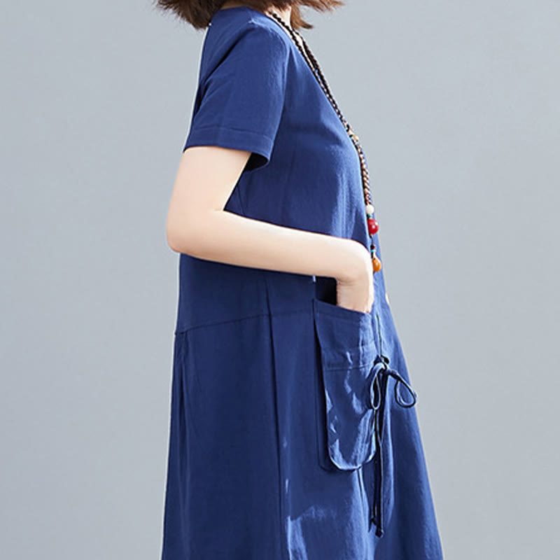 Buddha Stones Summer Casual Plain Lace-Up Design Crew Neck Short Sleeve Cotton Linen Midi Dress With Pockets