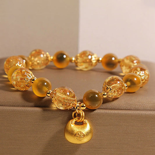 Buddha Stones Yellow Candy Agate Fu Character Blessing Bag Healing Bracelet
