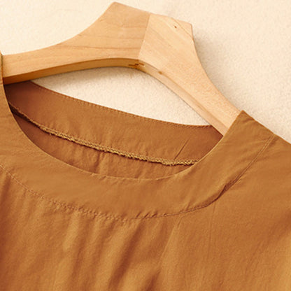 Buddha Stones Summer Plain Crew Neck Simple Short Sleeve Design Midi Dress With Pockets