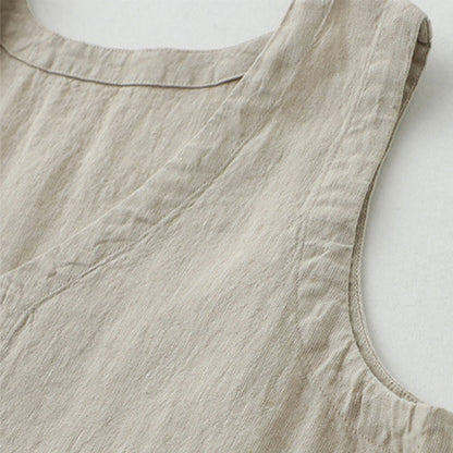 Buddha Stones Daily Casual Pure Color V-Neck Simple Buttons Design Sleeveless Midi Dress