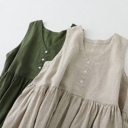 Buddha Stones Daily Casual Pure Color V-Neck Simple Buttons Design Sleeveless Midi Dress