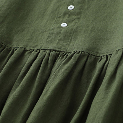 Buddha Stones Daily Casual Pure Color V-Neck Simple Buttons Design Sleeveless Midi Dress