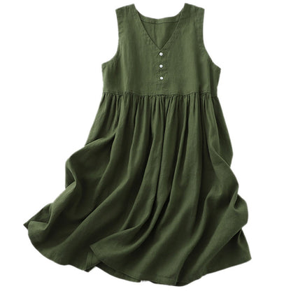 Buddha Stones Daily Casual Pure Color V-Neck Simple Buttons Design Sleeveless Midi Dress
