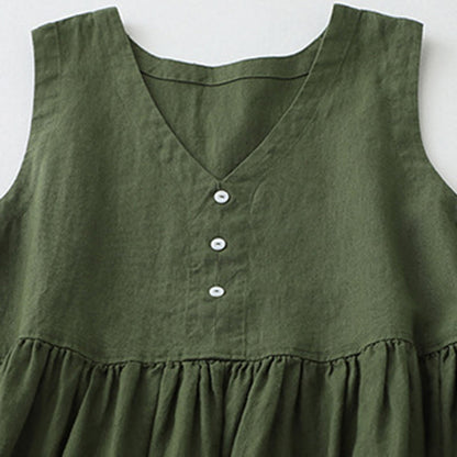 Buddha Stones Daily Casual Pure Color V-Neck Simple Buttons Design Sleeveless Midi Dress